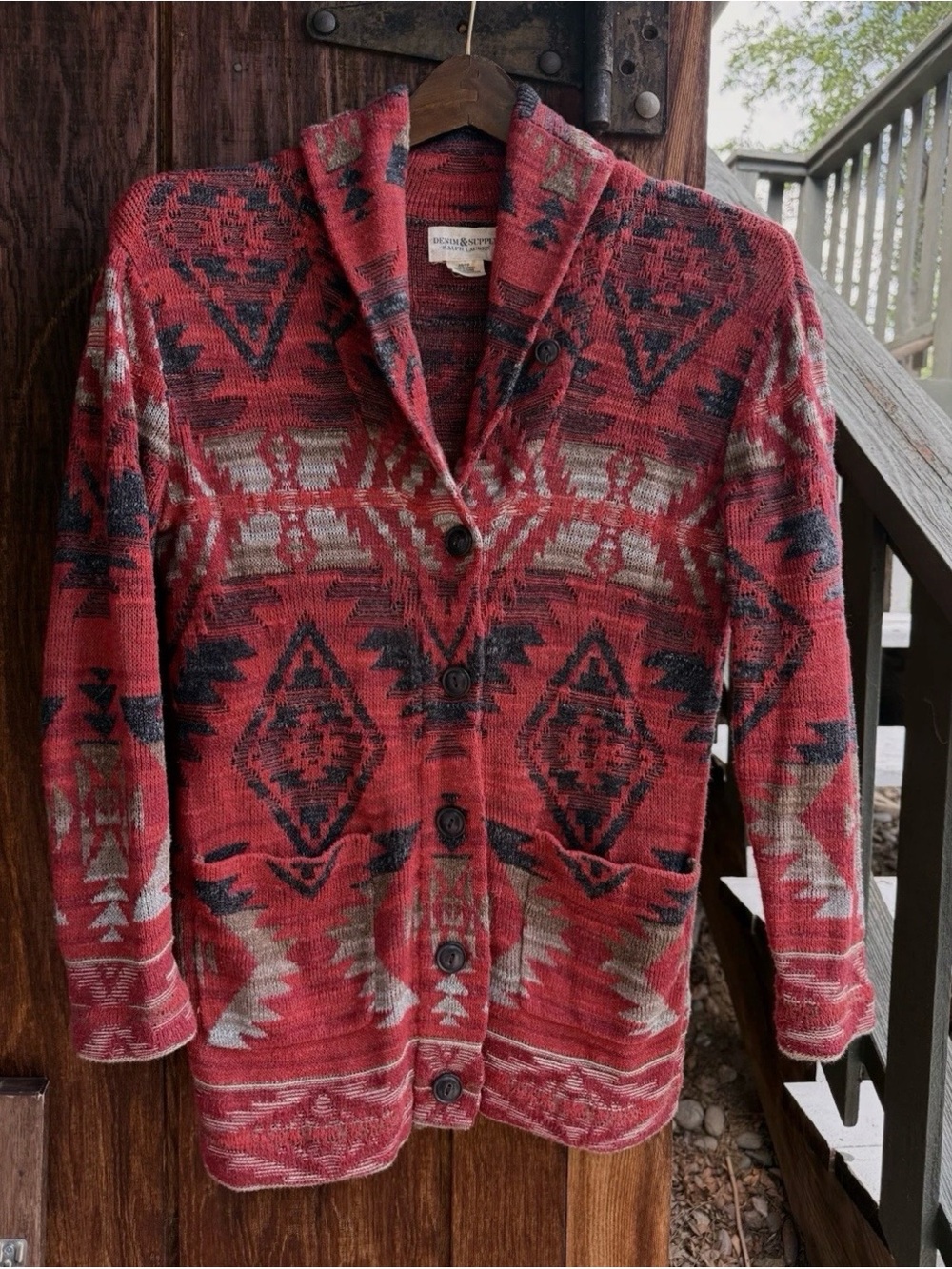Denim & Supply Ralph Lauren XS Red Aztec Knit Button Cardigan w/ Pockets